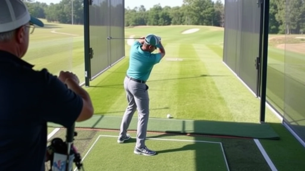 Golfer practicing swing mechanics on driving range with golf balls and targets visible, professional instruction setting, natural daylight, focused concentration