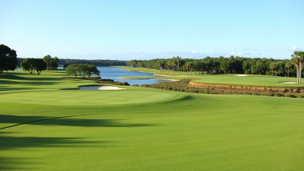 Scenic golf course hole with manicured fairway, strategic bunker placement, green landscape, water hazard visible, clear Florida sky, well-maintained turf conditions