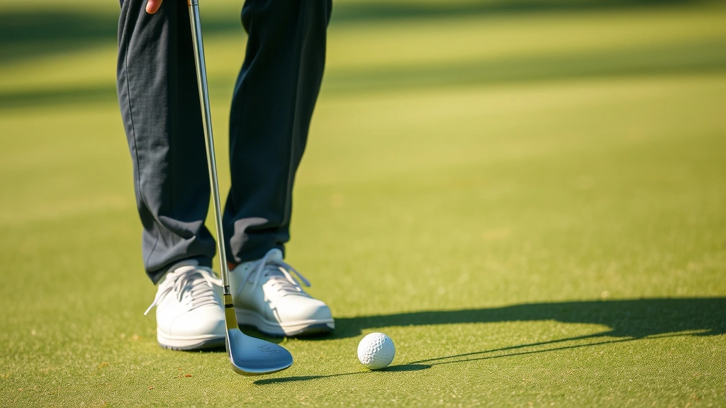 Golfer putting on green during actual round, concentrated facial expression, proper putting posture, golf hole visible, natural course conditions, afternoon lighting