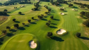 Wide aerial view of a lush green golf course with rolling fairways, sand bunkers, and scattered trees under bright daylight, professional landscaping visible, serene and peaceful atmosphere