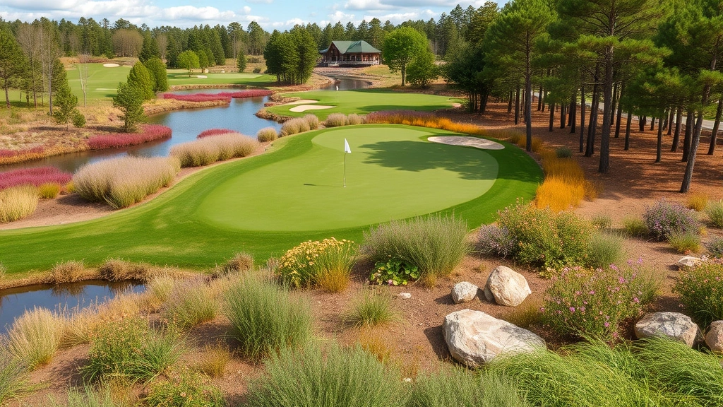 Scenic landscape showing natural environment elements at a golf course—native plants, water features, trees, and terrain variations, educational focus on ecological learning and environmental awareness