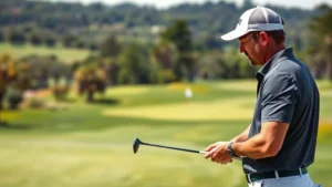 Professional golfer analyzing fairway strategy from tee box, studying course layout with focused expression, scenic golf course landscape in background with trees and fairway stretching ahead, natural lighting highlighting concentration and expertise