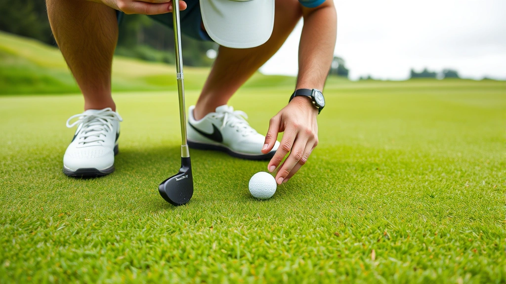 Golfer reading green contours while crouched beside ball on putting surface, examining slope and grain direction, lush green grass visible, overcast sky, showing careful pre-putt analysis and course management technique