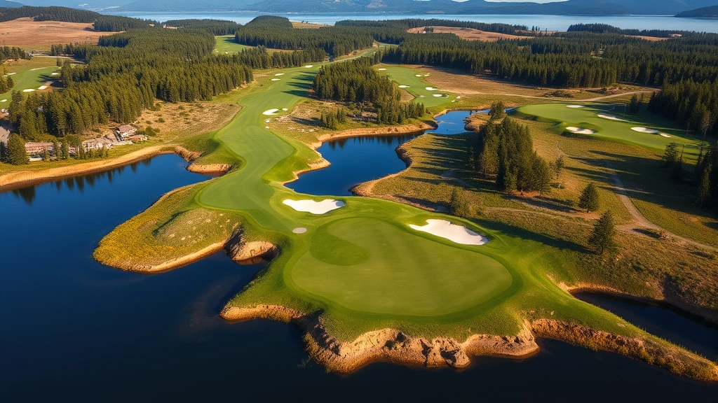 Aerial view of championship golf course hole with water hazard, fairway, and green clearly visible, natural landscape surrounding hole, showing strategic hazard placement and course design elements, scenic Pacific Northwest terrain