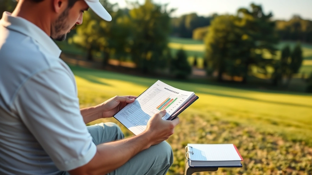 Golfer reviewing scorecard and course strategy on bench near green, notebook with notes, peaceful morning light, strategic planning moment, natural course setting with trees