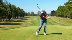 Professional golfer demonstrating proper golf swing stance and posture on a well-maintained fairway, showing correct body alignment and grip technique