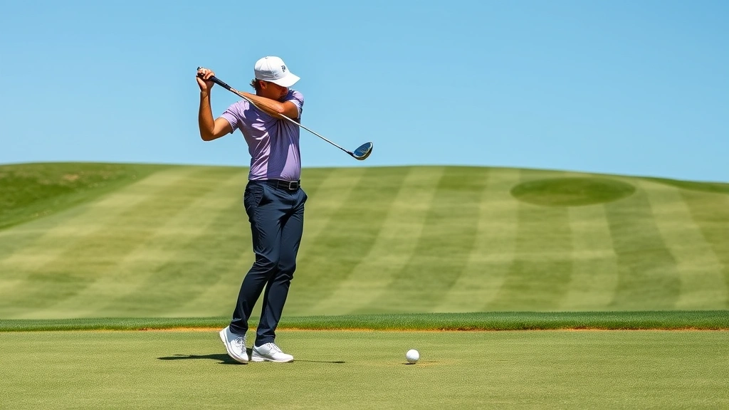 Golfer executing precise approach shot to green with iron club, ball in flight over manicured fairway, clear blue sky background, professional technique demonstration