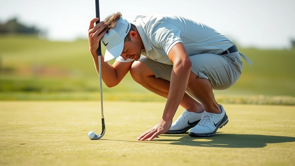 Golfer reading green before putt, crouched position examining slope and grain, well-maintained putting surface, natural daylight, concentrated expression showing strategic assessment