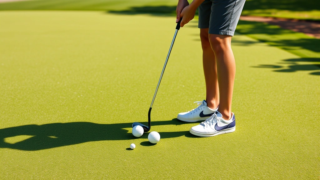 Golfer putting on a practice green with multiple balls, demonstrating proper putting stance and concentration during short-range shot execution