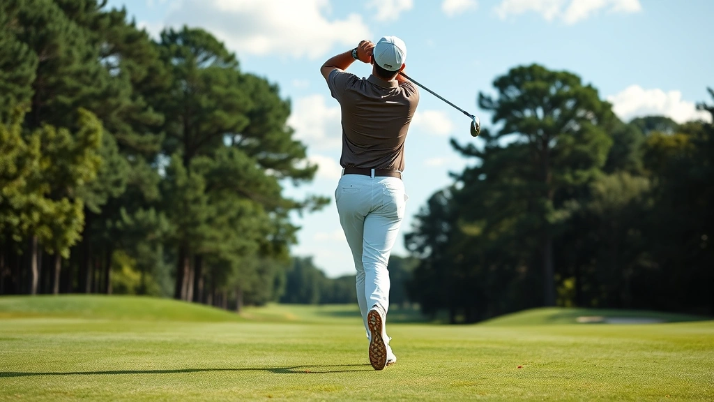 Professional golfer mid-swing on manicured fairway with trees and blue sky, showing proper form and athletic movement during daylight