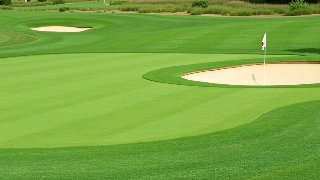 Well-maintained golf course green with sand bunker visible, demonstrating quality turf conditions and course design with natural landscape