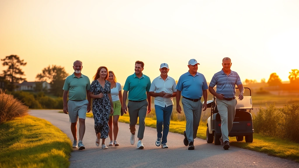 Group of diverse golfers walking together on cart path during golden hour, showing community engagement and social aspects of recreational golf