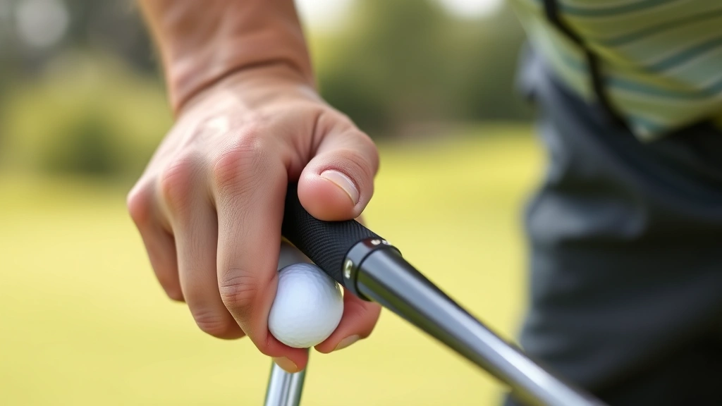 Professional golfer demonstrating proper grip technique on golf club, hands close-up showing correct finger positioning and pressure, outdoor driving range background, natural daylight