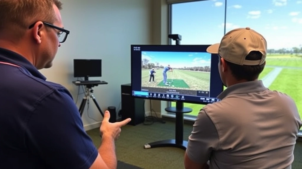Sports psychologist or golf coach reviewing swing video analysis on monitor with golfer, discussing mechanics and improvements, indoor instruction facility with technology displays