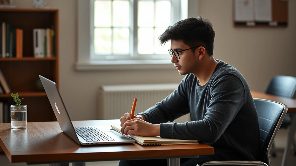 University student sitting at desk with laptop and notebook, studying course materials with focused concentration, natural lighting from window, calm academic environment, no text visible
