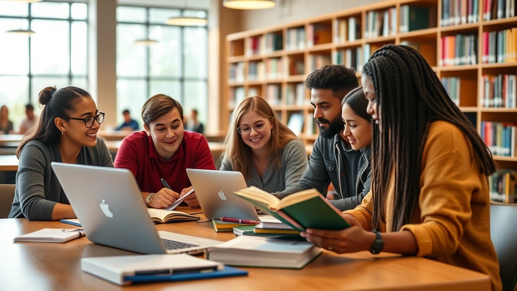 Group of diverse college students in library studying together at table, laptops and open books, engaged in collaborative learning, warm institutional lighting, no visible text