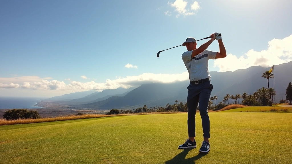 Professional golfer executing perfect golf swing on elevated fairway with trade winds, mountains visible in background, bright Hawaiian sunlight, natural landscape