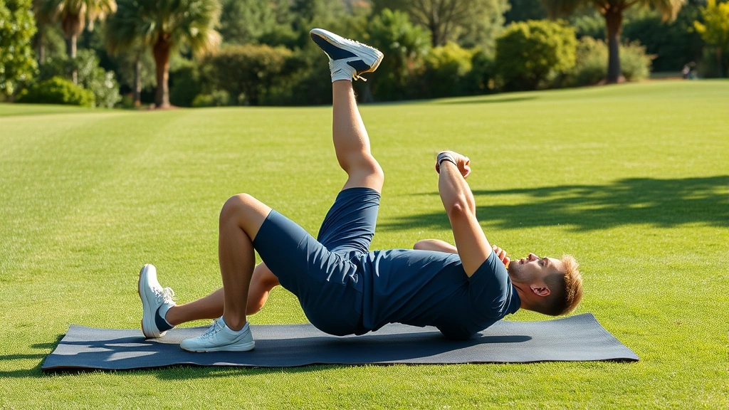 Fit golfer performing core stability exercise on mat outdoors, demonstrating physical conditioning for golf performance, natural athletic movement in daylight