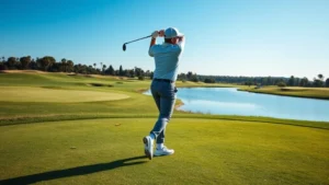 Professional golfer mid-swing on lush fairway with manicured greens and water hazards visible, natural lighting, scenic golf course landscape