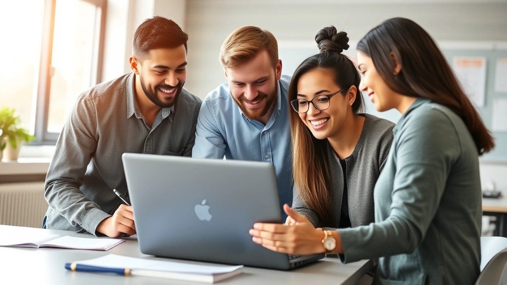 Professional diverse adult students collaborating around laptop in bright modern classroom environment, focused engaged learning atmosphere, natural daylight, genuine interaction