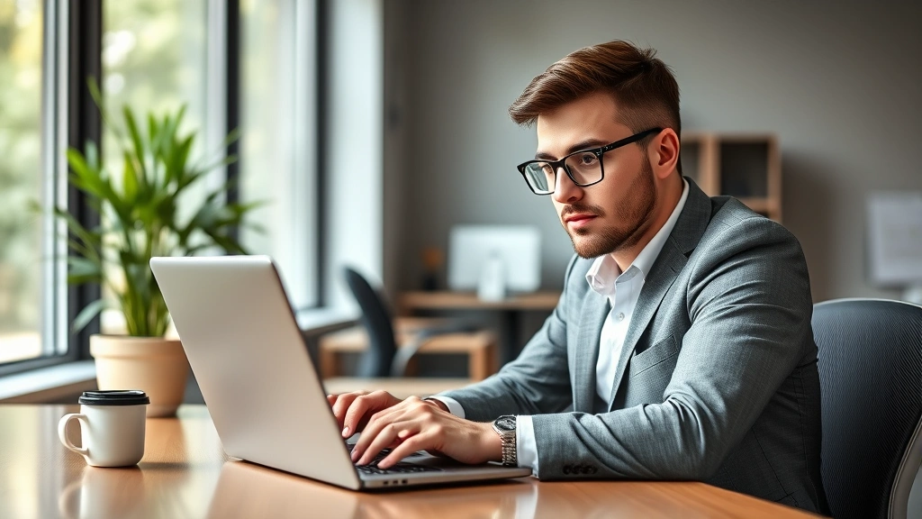 Professional adult in business casual attire studying on laptop at modern desk with coffee, natural window light, focused expression, contemporary office environment, diverse professional appearance