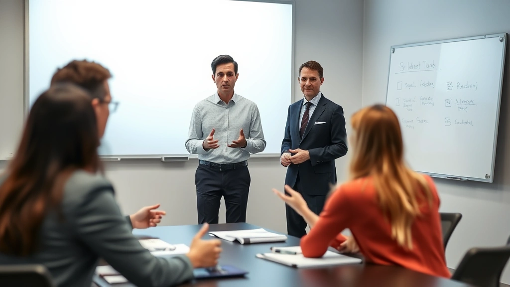 Instructor teaching business professionals in contemporary training room with whiteboards visible in background but not readable, hands-on learning demonstration, mentoring moment