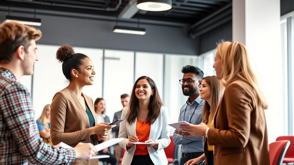 Group of diverse professionals in collaborative discussion during workshop, engaged and smiling, modern bright classroom setting, notepads and materials visible, inclusive team learning environment