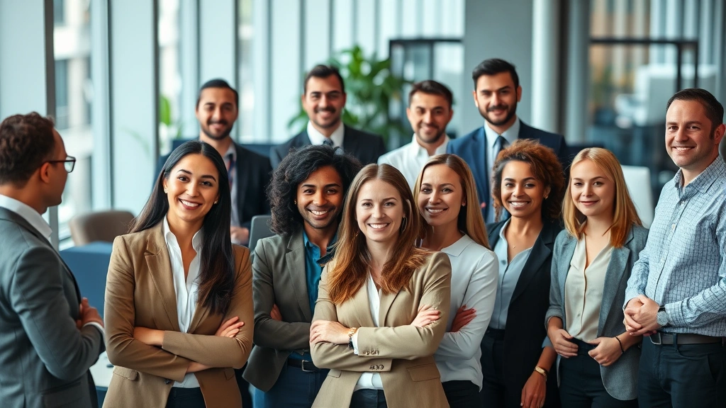 Diverse career professionals in modern office settings showing success and growth, people in different industries networking, confidence and achievement visible in expressions