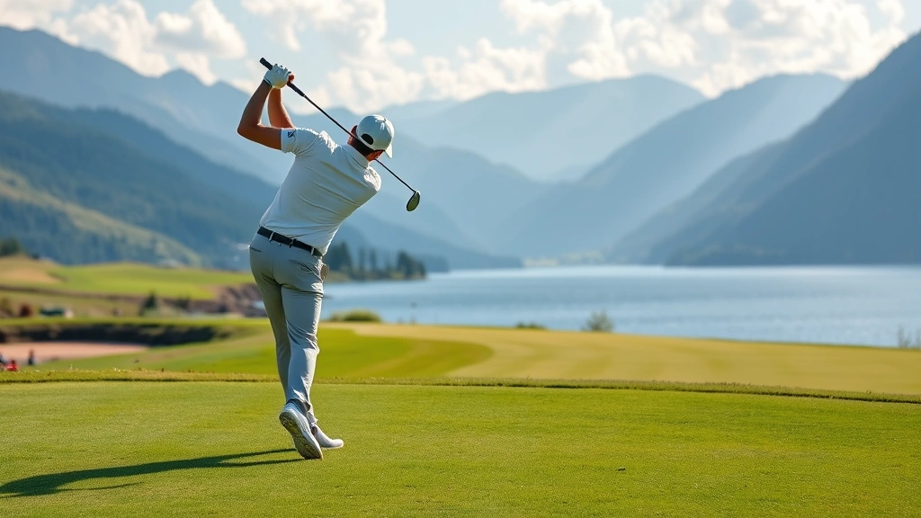 Professional golfer mid-swing on lush fairway with water hazard visible in background, scenic mountain landscape, natural lighting, action shot showing proper form and balance