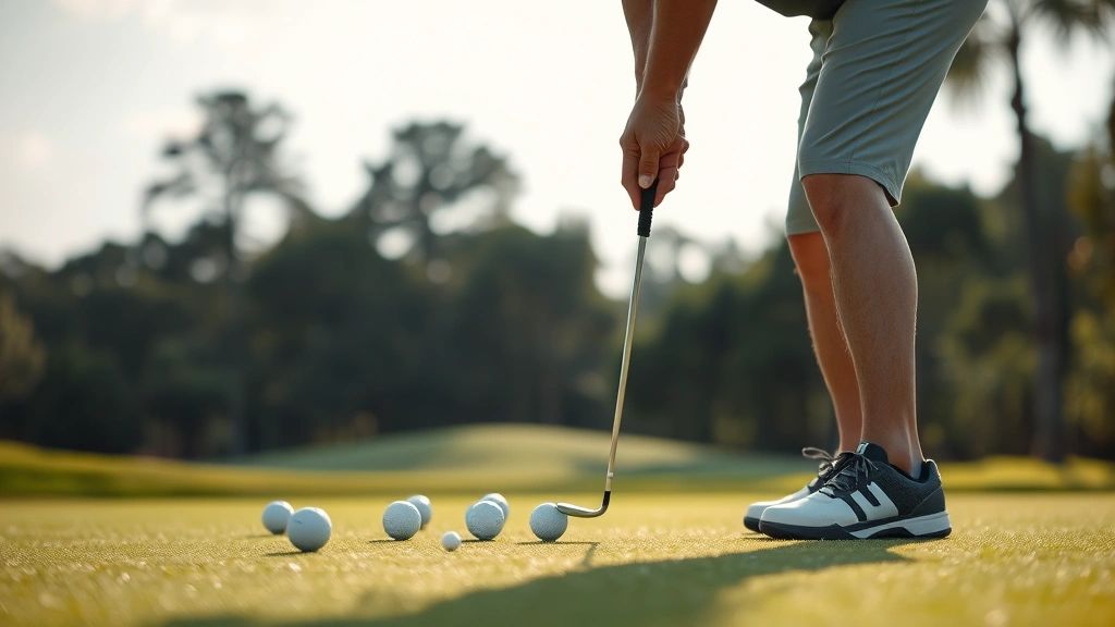 Golfer practicing short game near green with multiple golf balls scattered on practice area, focused concentration, soft natural daylight, close-up of technique and stance