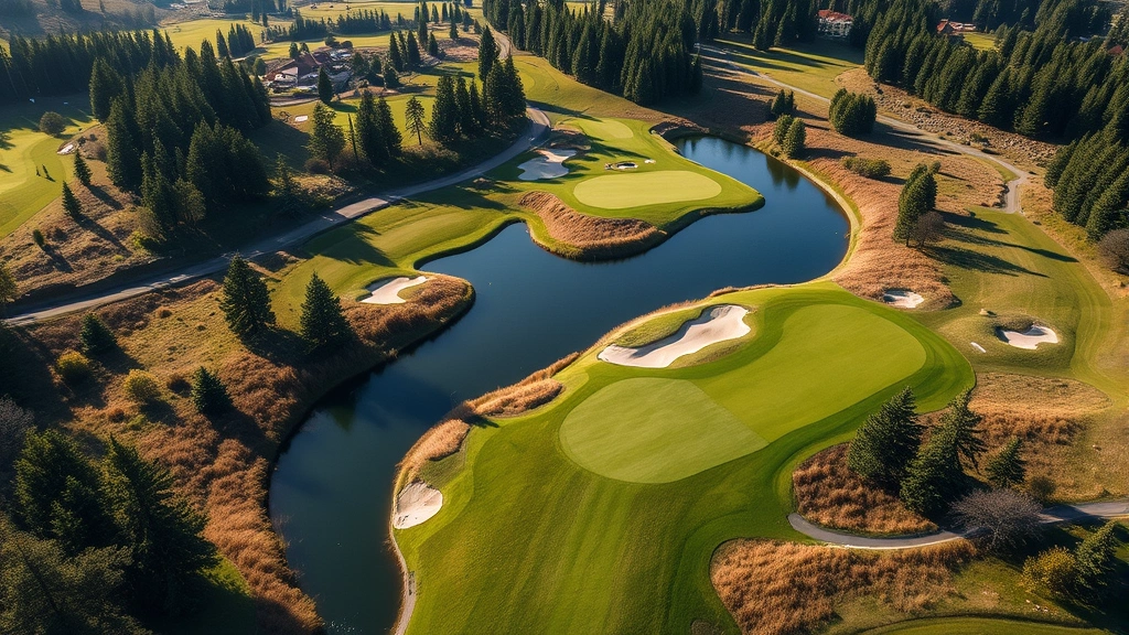 Aerial view of challenging golf hole with strategic bunkers, water features, and elevated green, scenic Pacific Northwest terrain with trees and natural landscape, course design visible