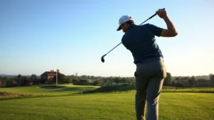 Professional golfer mid-swing on lush green fairway with Liberty Forge course landscape, proper form and technique visible, natural daylight, focused expression