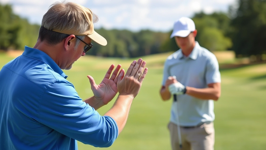 Golf instructor demonstrating grip and stance fundamentals to student on practice range, detailed hand positioning, quality equipment visible, outdoor training environment