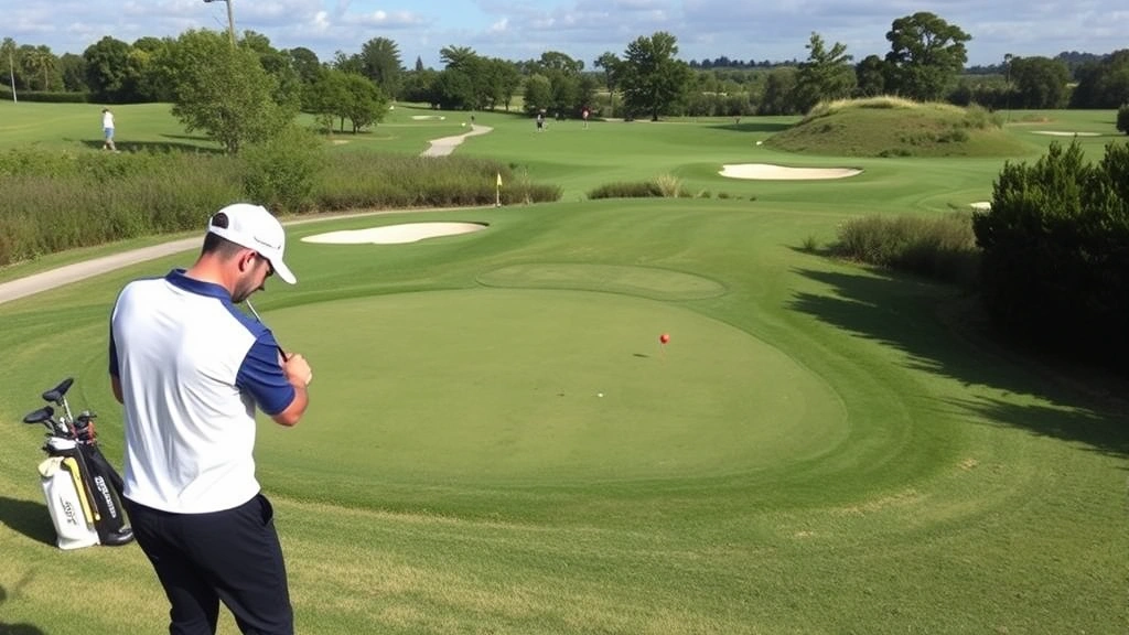 Golfer practicing short game near practice green with multiple targets, chipping and pitching drills, bunkers visible, concentrated practice session atmosphere
