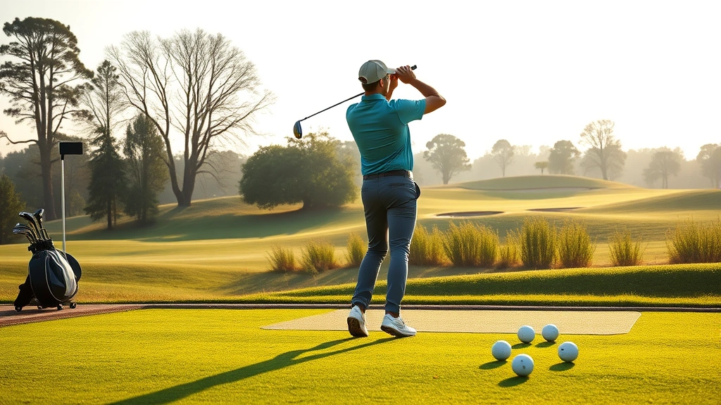 Golfer at address position on practice range, proper stance and posture setup, morning sunlight, golf balls arranged on grass, peaceful course background, photorealistic