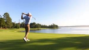 Professional golfer mid-swing on fairway with lake and trees in background, natural lighting, peaceful course setting