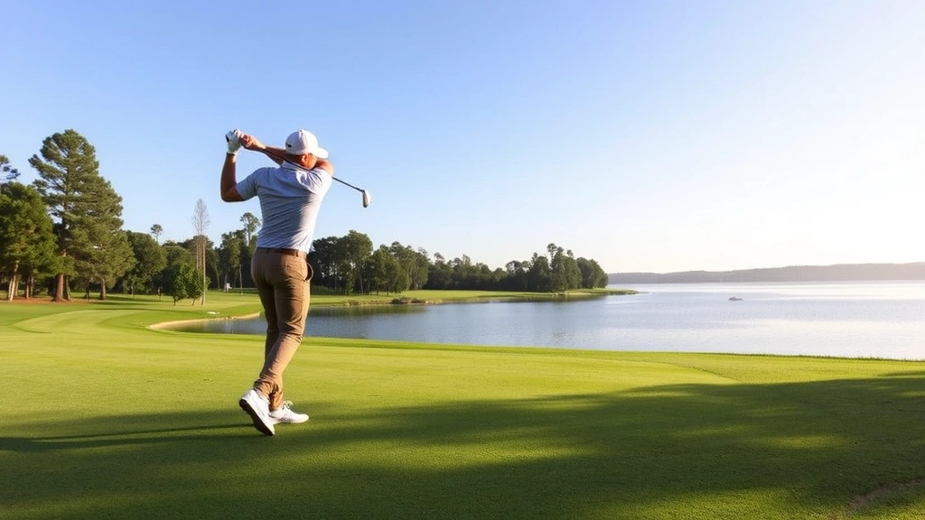 Professional golfer mid-swing on fairway with lake and trees in background, natural lighting, peaceful course setting
