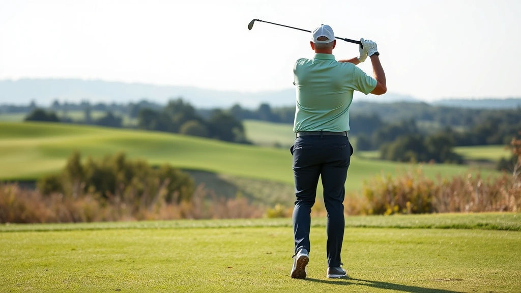 Golf instructor demonstrating swing mechanics to student on fairway, showing follow-through position, natural lighting, beautiful course landscape behind them, professional instruction moment