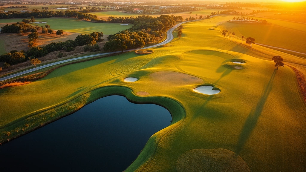 Wide aerial view of golf course hole with water hazard, manicured fairways, and surrounding landscape during golden hour