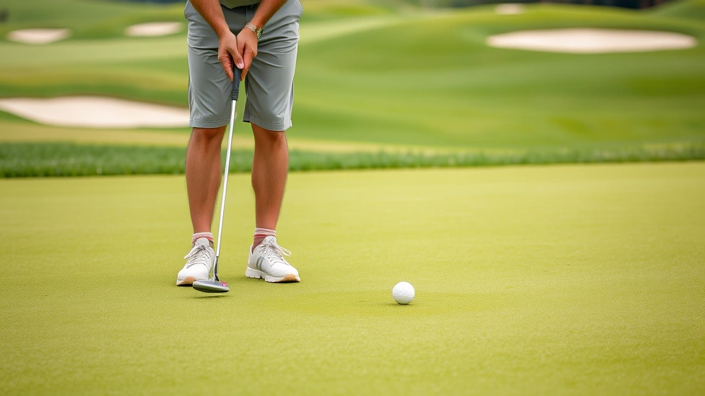 Golfer putting on green with confidence, putter in motion toward hole, manicured putting surface, bunkers visible in background, serene course setting, successful shot execution