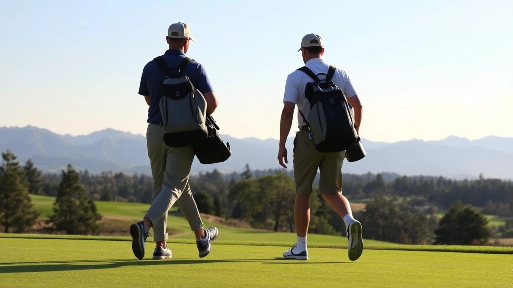 Golfers walking on fairway carrying bags, enjoying scenic course with mountains visible in distant background, clear weather