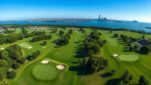 Aerial panoramic view of pristine 18-hole golf course with manicured fairways and greens, Hudson River waterfront visible, Manhattan skyline in distant background under clear blue sky, professional championship course landscape