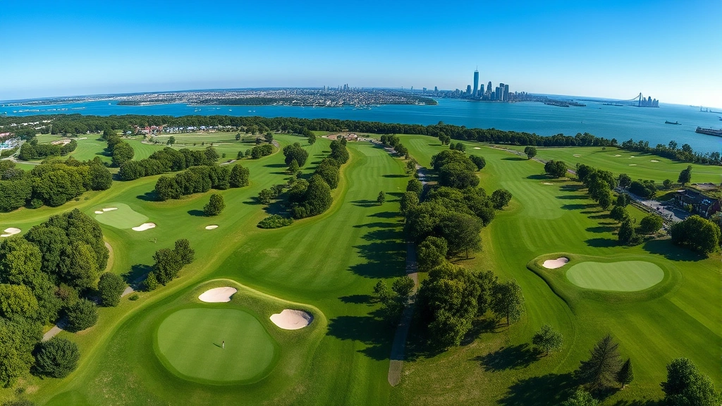 Aerial panoramic view of pristine 18-hole golf course with manicured fairways and greens, Hudson River waterfront visible, Manhattan skyline in distant background under clear blue sky, professional championship course landscape