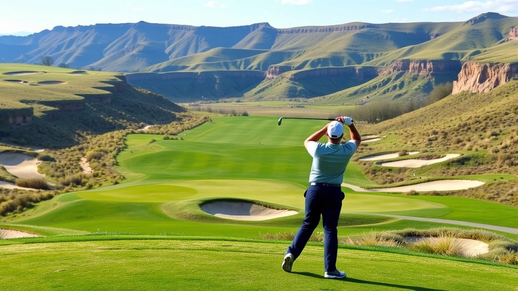 Golfer mid-swing on elevated tee box with dramatic elevation changes visible, lush green fairway stretching below, multiple sand bunkers strategically placed, natural landscape design with minimal artificial elements