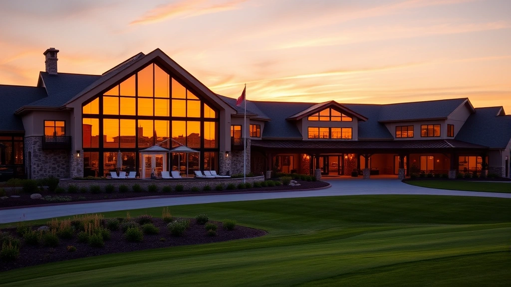 Luxury clubhouse architectural exterior at sunset with modern design, large windows reflecting golden hour light, manicured grounds and landscaping in foreground, premium country club aesthetic with upscale amenities