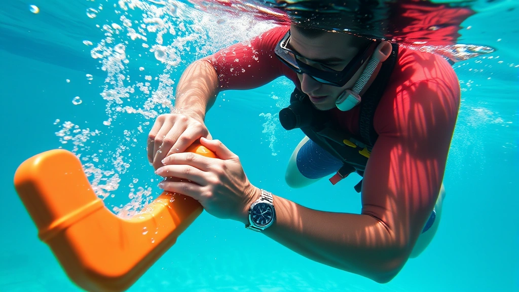 Lifeguard performing rescue technique by retrieving weighted object from pool bottom, underwater action shot showing skill and strength demonstration
