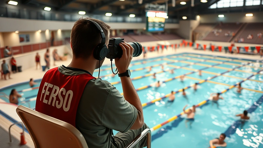 Certified lifeguard scanning crowded swimming pool from elevated chair, maintaining vigilant watch over swimmers, professional aquatic supervision setting