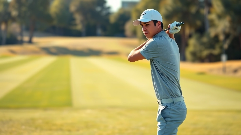 A beginner golfer in proper stance and posture on a driving range, wearing golf attire, holding a club with correct grip position, focused expression, morning sunlight