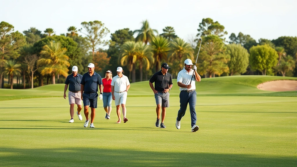 Diverse group of golfers walking across a scenic fairway with manicured grass, trees in background, one golfer analyzing their next shot, peaceful outdoor setting