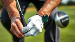 Close-up of golfer's hands demonstrating proper grip on golf club, showing finger positioning and neutral hand alignment, outdoors on practice range with blurred background